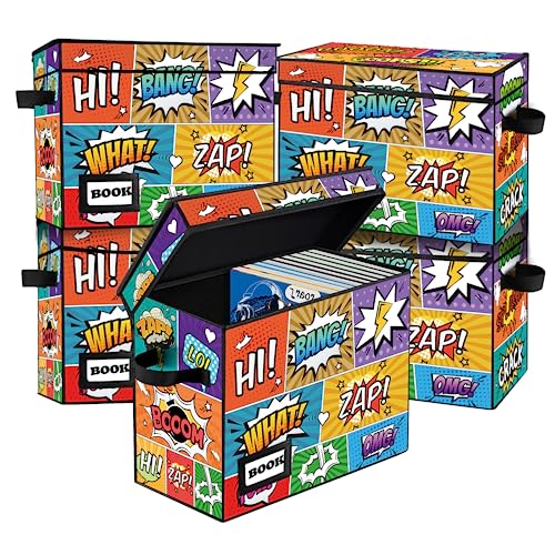 Image of 5 Pack Comic Book Storage Box, 15.8 inch X 7.8 inch X 11.8 inch, Collapsible Holds 160-180 Comic Book Short Box Bin Container Holder Shelf(Cartoon Colorful)