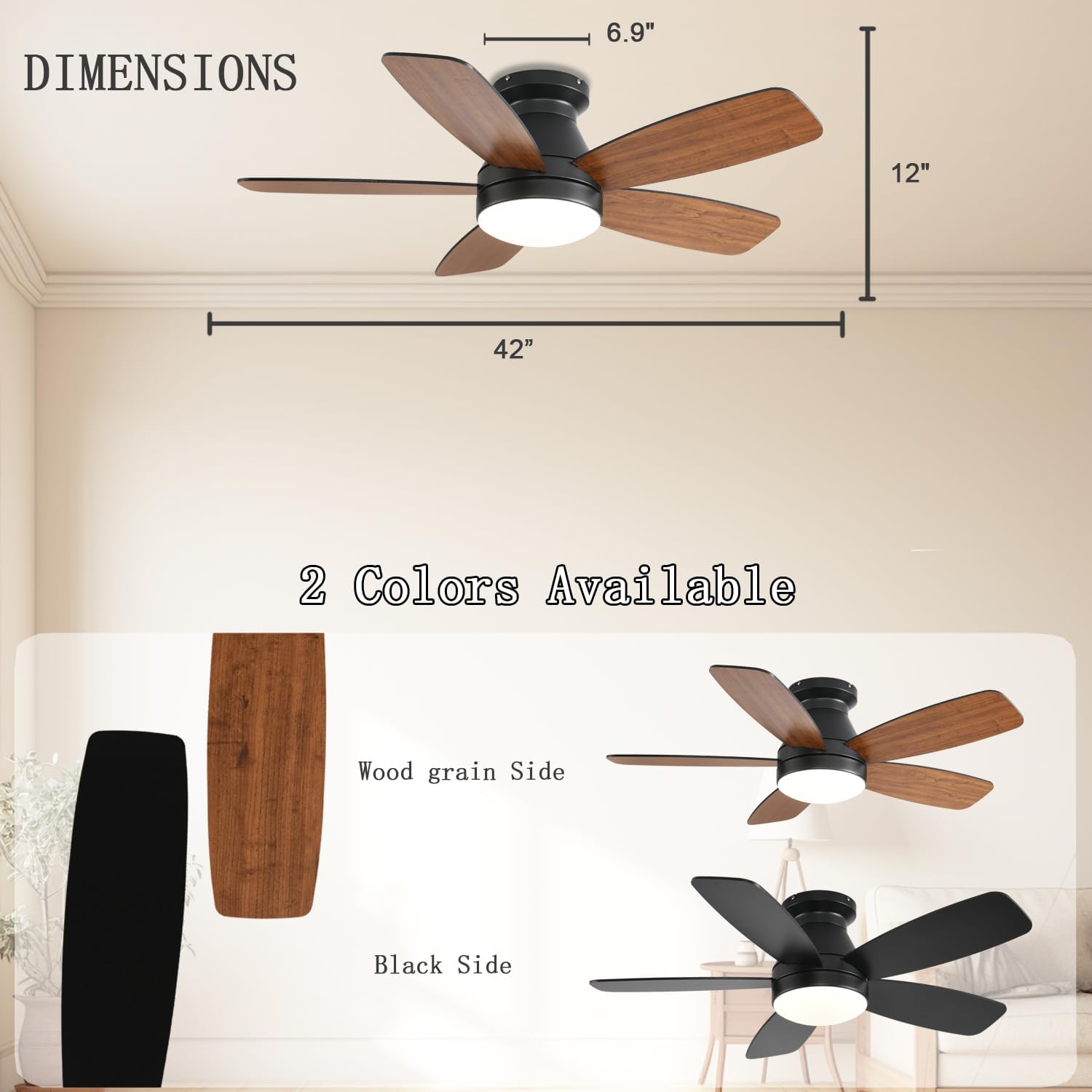 JSAITEE Ceiling Fans with Lights, 42 Inch Low Profile Ceiling Fan with Light and Remote/App Control, Flush Mount, Reversible, 3CCT, Dimmable, Noiseless, Brown Ceiling Fan for Indoor/Outdoor Use
