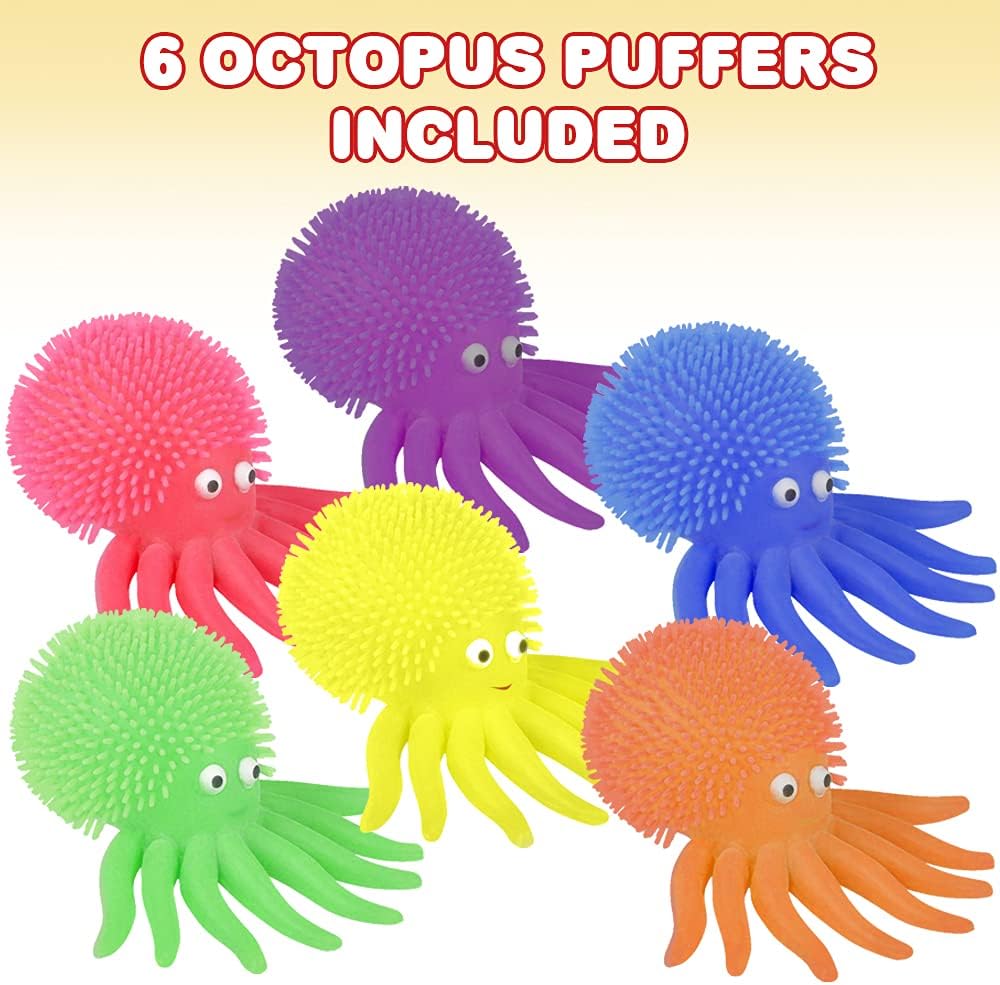 ArtCreativity Puffer Octopus, Set of 6, Fidget Toys for Kids with Soft Rubbery Spikes, Stress Relief Toys in Assorted Colors, Party Favors, Goodie Bag Fillers for Boys and Girls