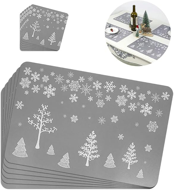 Lifreer Christmas Placemats Cushions Cup Coasters Christmas Tree Pattern Placemats Grey Table Mats Waterproof Non-slip Heat Resistant Placemats for Christmas Decoration 12pcs
