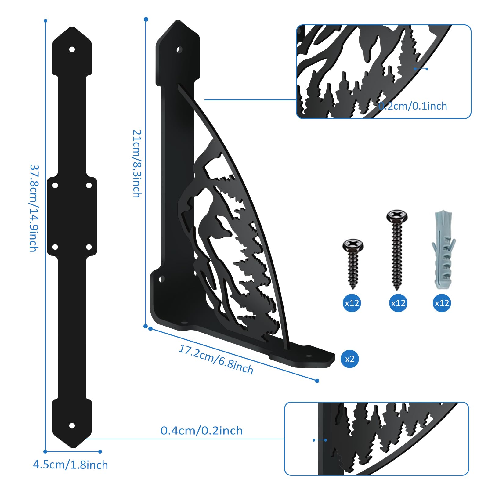 SUPERDANT 2 piezas de escuadra para estantería de pared Montaña y Bosques Escuadra de fijación robusta Soporte para estantería en hierro negro Estantería para libros y repisas de chimenea Escuadra