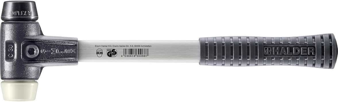 Halder Simplex Soft-Faced Mallet 3728.030 Rubber Insert, Hard Nylon Insert, Reinforced Cast Iron Housing, Fiber-Glass Handle, AntiSlip Rubber Grip, 30mm, .9 lbs.