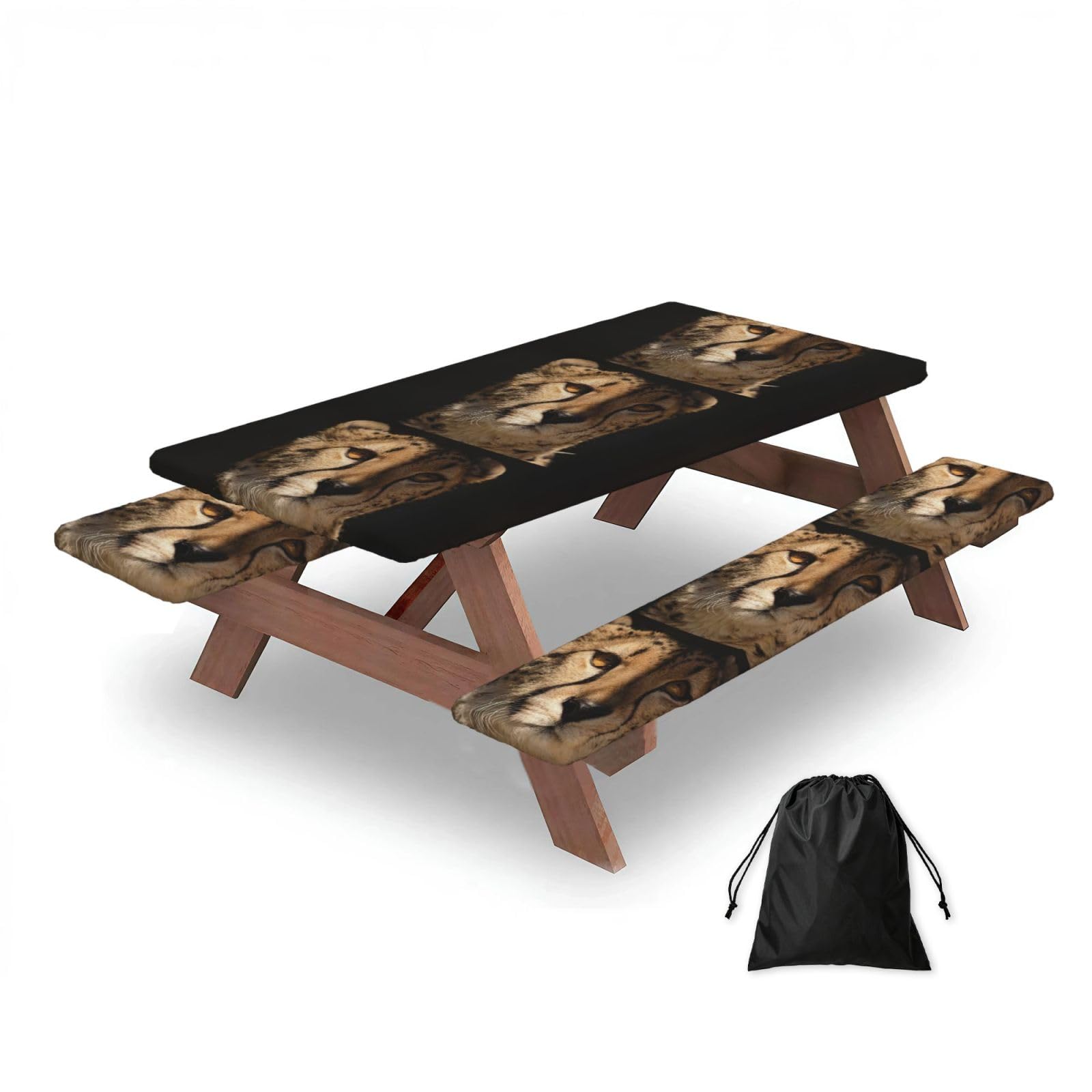 Dopklna As Picture White Cheetah Printed, Picnic Table Cover With Bench Covers -Waterproof Elastic Fitted Tablecloth For Garden Camping Patio 76X152cm