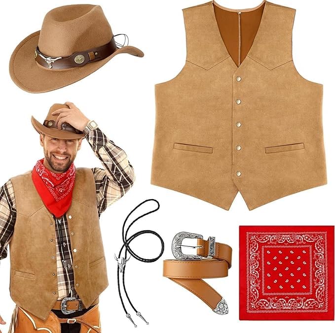 5 Pieces Western Outfits for Men Cowboy Suede Leather Vest Hat Western Bolo Tie Paisley Bandana Long Necklace with Belt for Cosplay Costume
