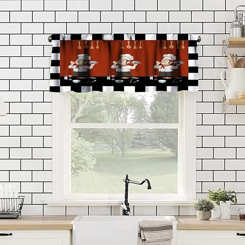 Miniatura 9 de Cenefas de Cortina de Chef de Cocina para Ventana Retro Dibujos Animados Chef Gordo Cocinero Bolsillo para Barra Cenefa Búfalo Rojo Negro para