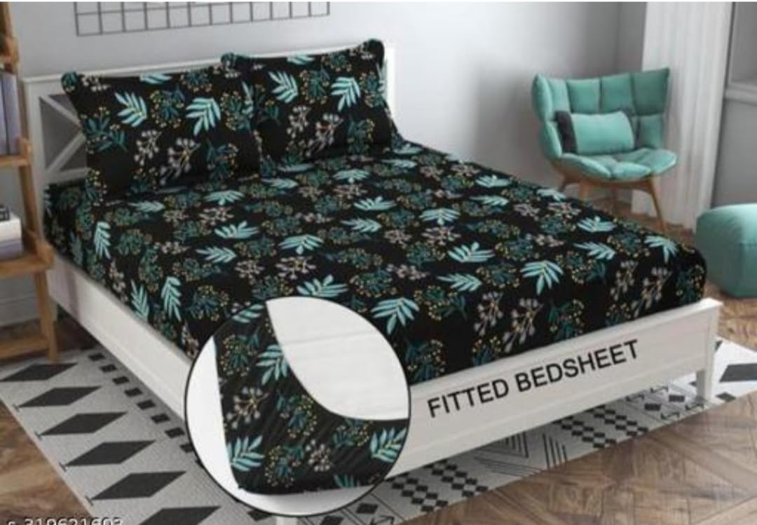 New Town Cotton Feel Glace Cotton Elastic Fitted Printed Queen Size Double Bed Bedsheet with Matchig 2 Pillow Covers Fits Upto 8 Inches Mattress Size Safari 1069-image-45