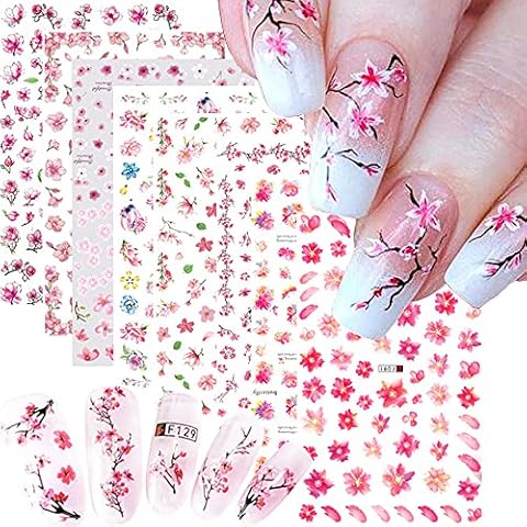 Flower Nail Art Sticker Decals Colorful Cheery Blossoms 3D Nail Sticker Cherry Blossoms Tree with Leaves Nail Art Sliders Summer for Nail Art Flower Designs Tips Nail Art DIY Decorations 8Sheets Cover