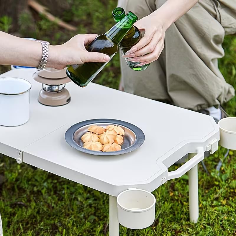 Image of Portable Folding Camping Table with 4 Cup Holders, Lightweight Heat-Resistant PP Picnic Table for BBQ, Beach & Patio, Weather-Resistant Outdoor Cooking Desk with Carry Handle, White, Small /Compact