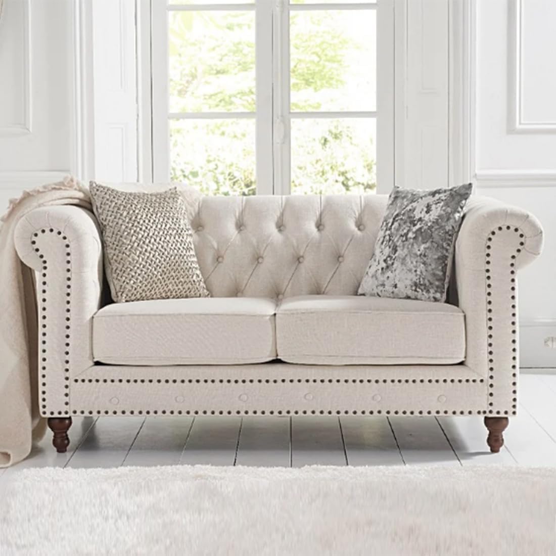 Modern Chasterfield Velvet Button Tufted Sofa Round Arm Sofa with Throw Pillows for Living Room, Bedroom, Drawing Room (Beige, 2 Seater)