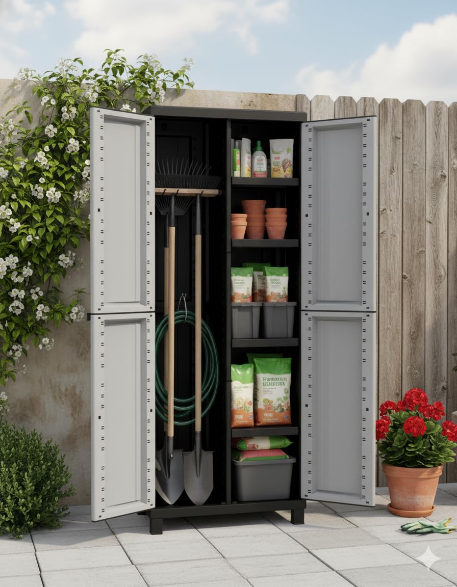 Bonussi Armadio Portascope Modulare da Esterno 68x39x170 cm 2 Ante 4 Ripiani in Polipropilene Twist Grigio e Nero
