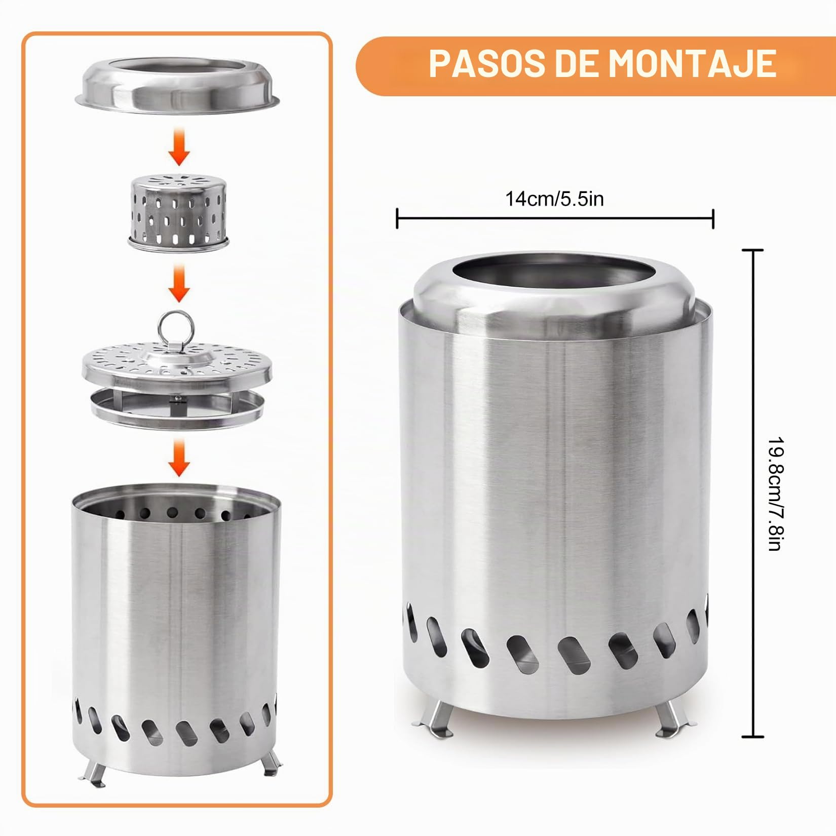 Mini Brasero Sin Humo Brasero Exterior Jardin Hornillo De Camping para Exteriores De Acero Inoxidable Portátil para Pellets O Leña (14 Cm ⊘* 20 Cm H)