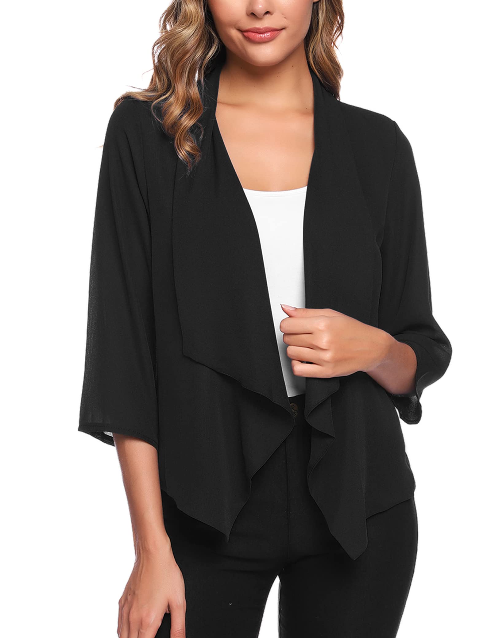 Irevial Cardigan de Gasa Mujer Elegante Bolero 3/4 Mangas Chaqueta de Gasa Blazer Cardigan Ligero Casual Rebecas Dobladillo Irregular para Primavera Verano Otoño