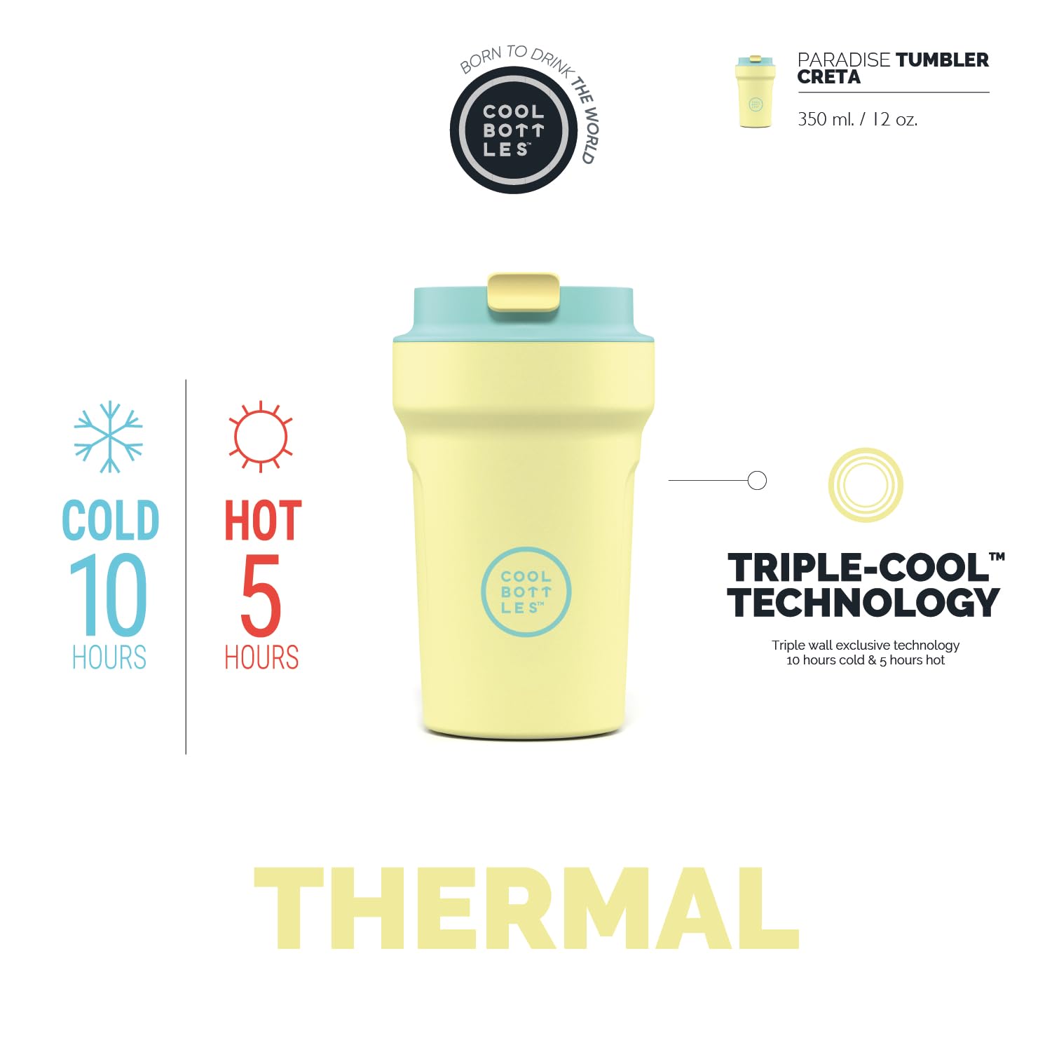 Cool Bottles - Paradise Tumbler - Vaso Térmico de Acero Inoxidable - 350 ml - Creta - Amarillo y Turquesa - Tapa Hermética - Bebidas frías 10 horas y calientes 5 horas - Acabado Antimanchas