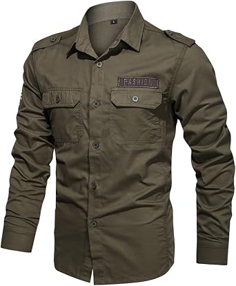 Mens Tactical Cargo Work Shirt Military Slim Fit Long Sleeve Shirts Regular Fit Casual Button Down Outdoor Tops