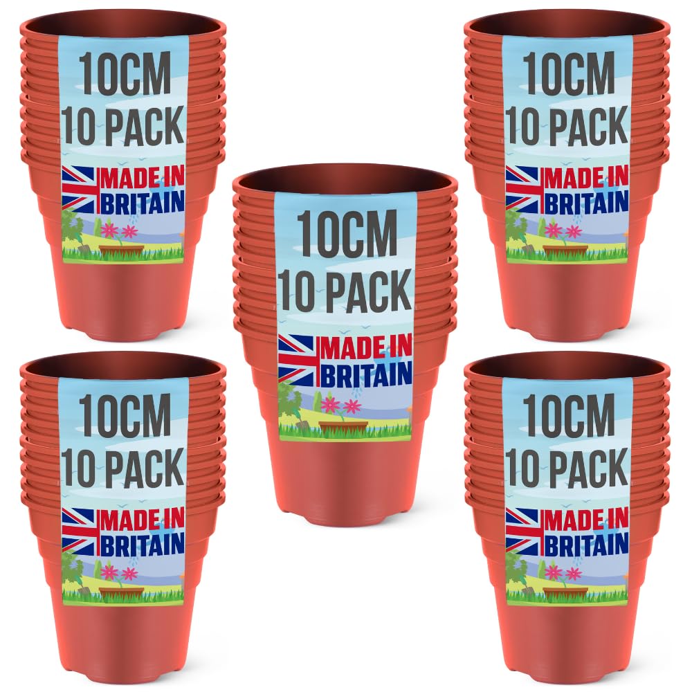 Happy Pots Terracotta Premium Plastic Plant Pot 10Cm - Nursery Pot - 50 Pack - Made In Uk - Recyclable - With Drainage Holes - Bpa Free