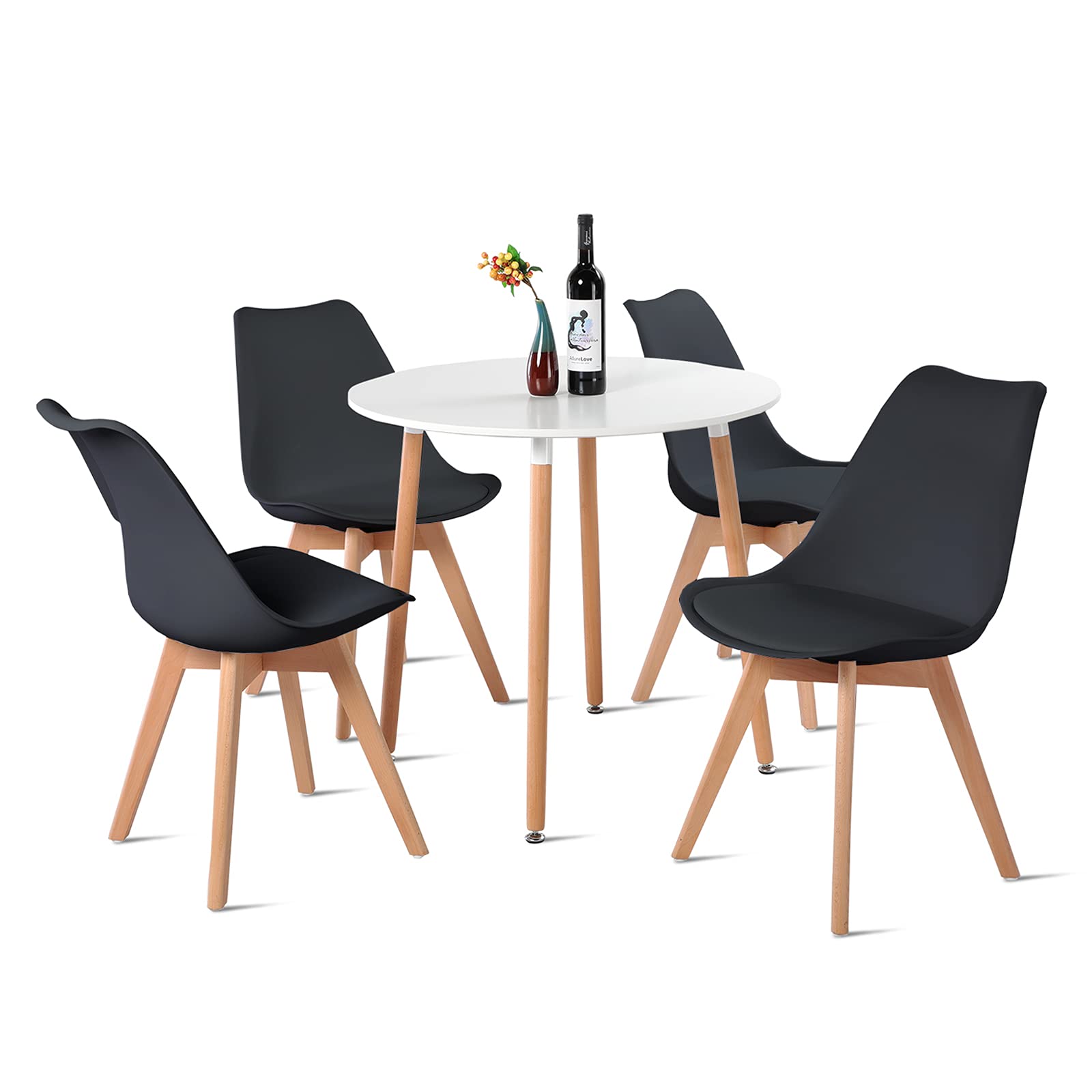 H.J WeDoo Dining Table with 4 Chairs, Round Table and Black Dining Room Chair, Dining Table Set for Living Room, Kitchen, 80 cm(White table + 4 Black Chairs)