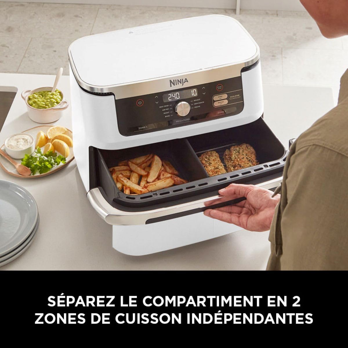 Ninja Foodi FlexDrawer Air Fryer, Dual Zone Avec Séparateur Amovible, Grand Tiroir de 10.4 L, 7-en-1, Double Zone, Sans Huile, Pièces Antiadhésives Compatibles Au Lave-Vaisselle, Blanc AF500EUWH