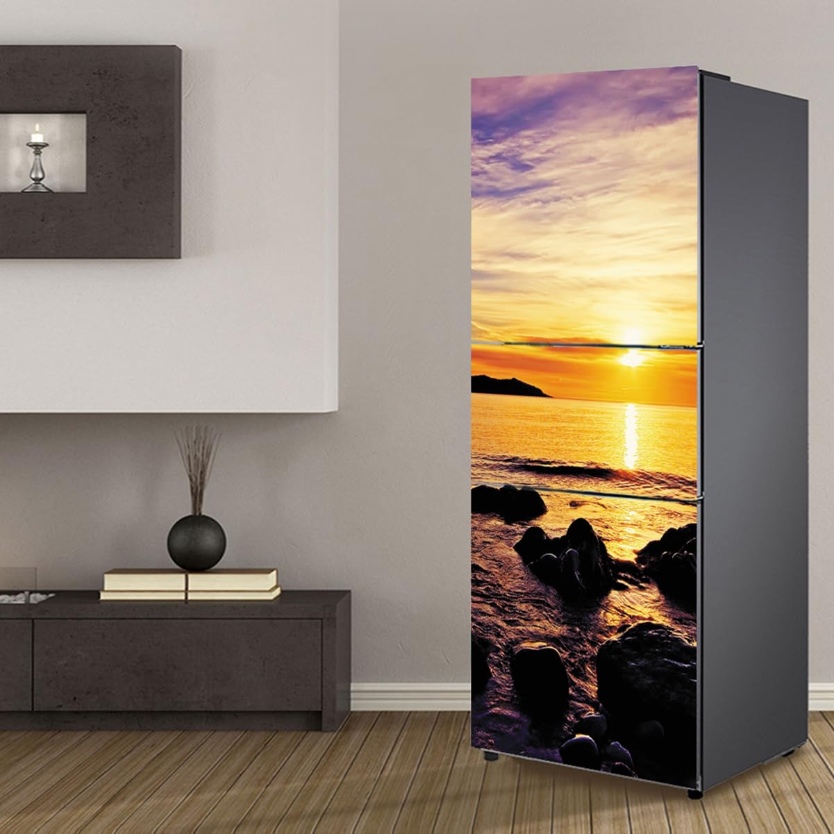 Fridge Sticker, Fridge Sticker Full Covering Door Covers Decor, Freezer Skins Wall Stickers for Kitchen Decal, Sunset Seascape Reef(S: 60x150 cm)