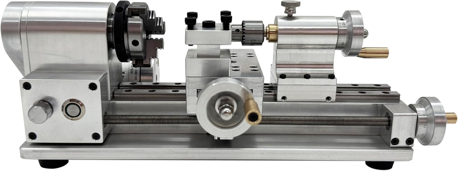 INTSUPERMAI Mini Metal Lathe 4-Way Tool Post Adjustable Spindle (1-33mm) for Soft Metals & Woodworking, Compact Hobbyist Machine 110V 80W