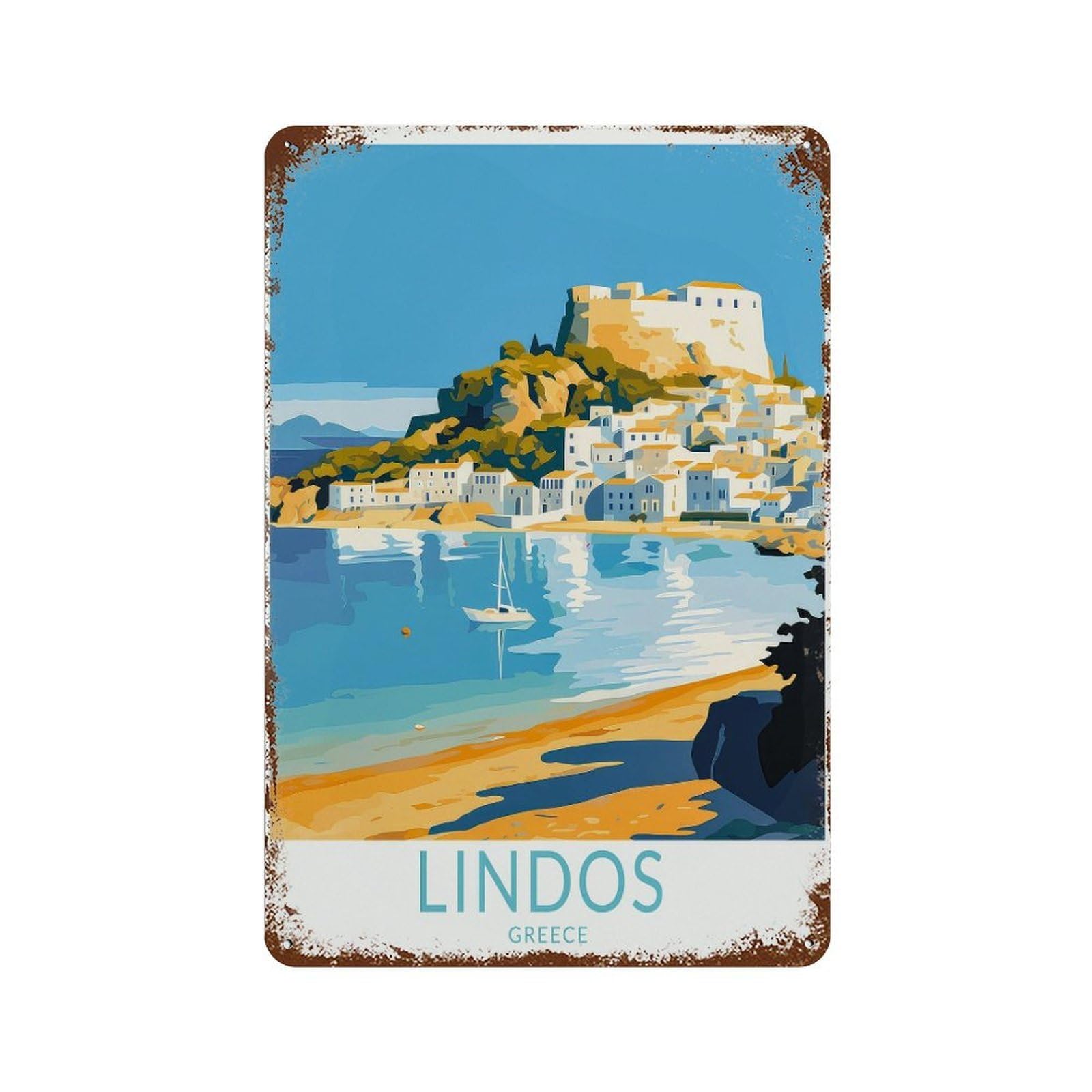 xiaoxiaoshen Lindos Travel Greece Decor Wall Decor Art Metal Tin Poster Modern Home Decor Art Home Bar Shop Decorations Vintage Sign 30x20cm