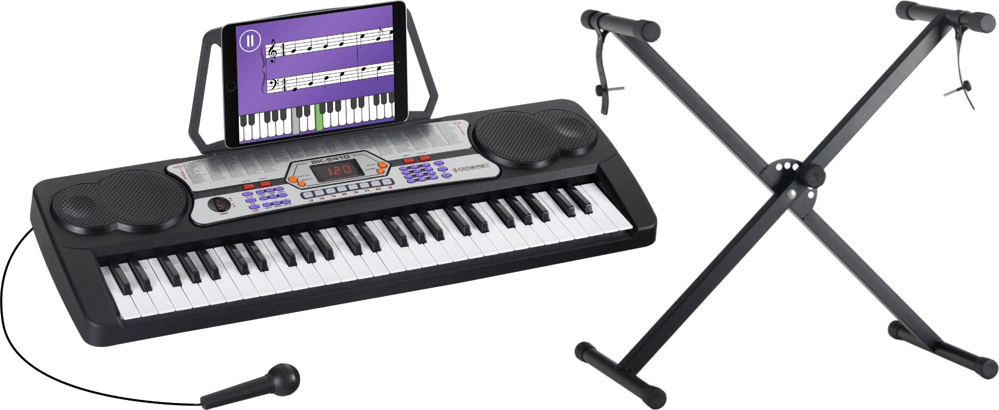 McGrey BK-5410 Keyboard Mini-Ständer Set - Einsteiger-Keyboard mit 54 Tasten - 255 Sounds - 255 Rhythmen - Inklusive Netzteil, Notenständer, Mikrofon und Mini-X-Keyboardständer - Schwarz