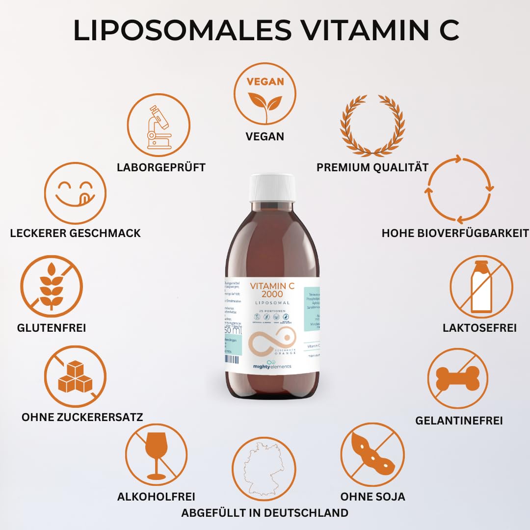 Mighty Elements Liposomales Vitamin C 2000 mg hochdosiert, Orange Geschmack, Immunsystem, Vegan, Glutenfrei & Laktosefrei, Flüssig 250 ml, Glasflasche