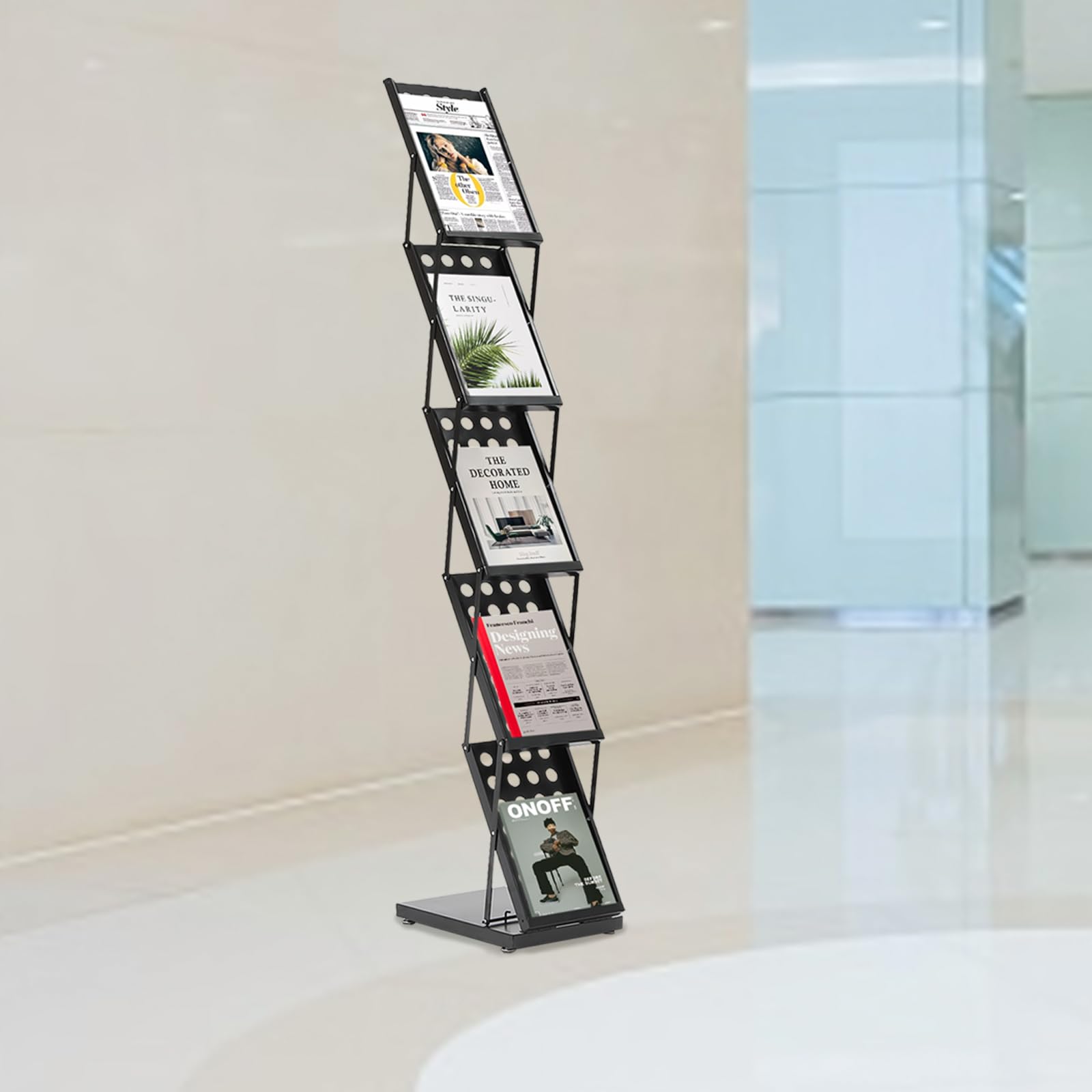 Portariviste pieghevole in ferro | 5 piani A4 (40 × 27 × 160 cm) | Supporto portatile per volantini e dischi in vinile | per uffici, biblioteche e negozi