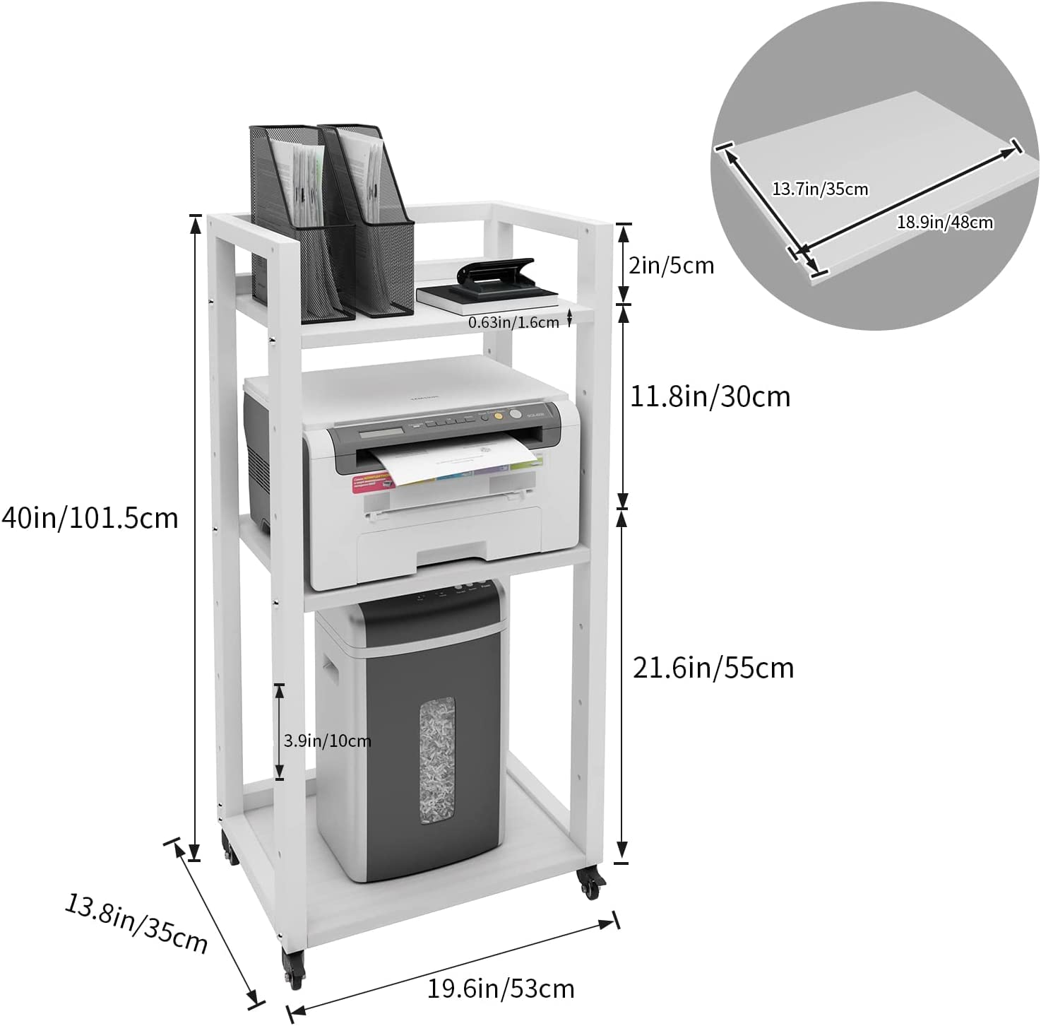PUNCIA Supporto per Stampante a 3 Livelli Carrello Porta Documenti Mobile per Stampante in Legno e Metallo Scaffale per Documenti con Ruote Tavolo per Trituratore HIFI per Ufficio Casa (Bianco)