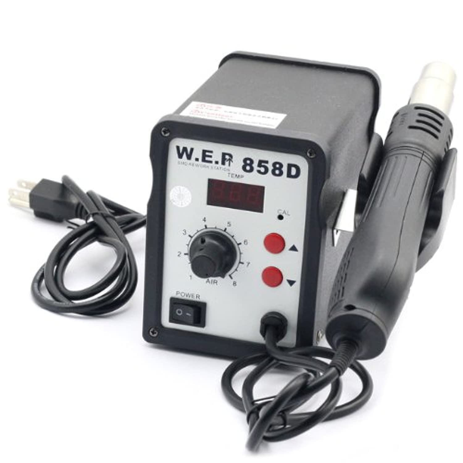 Front view of the WEP 858D Hot Air Rework Station showing controls and display