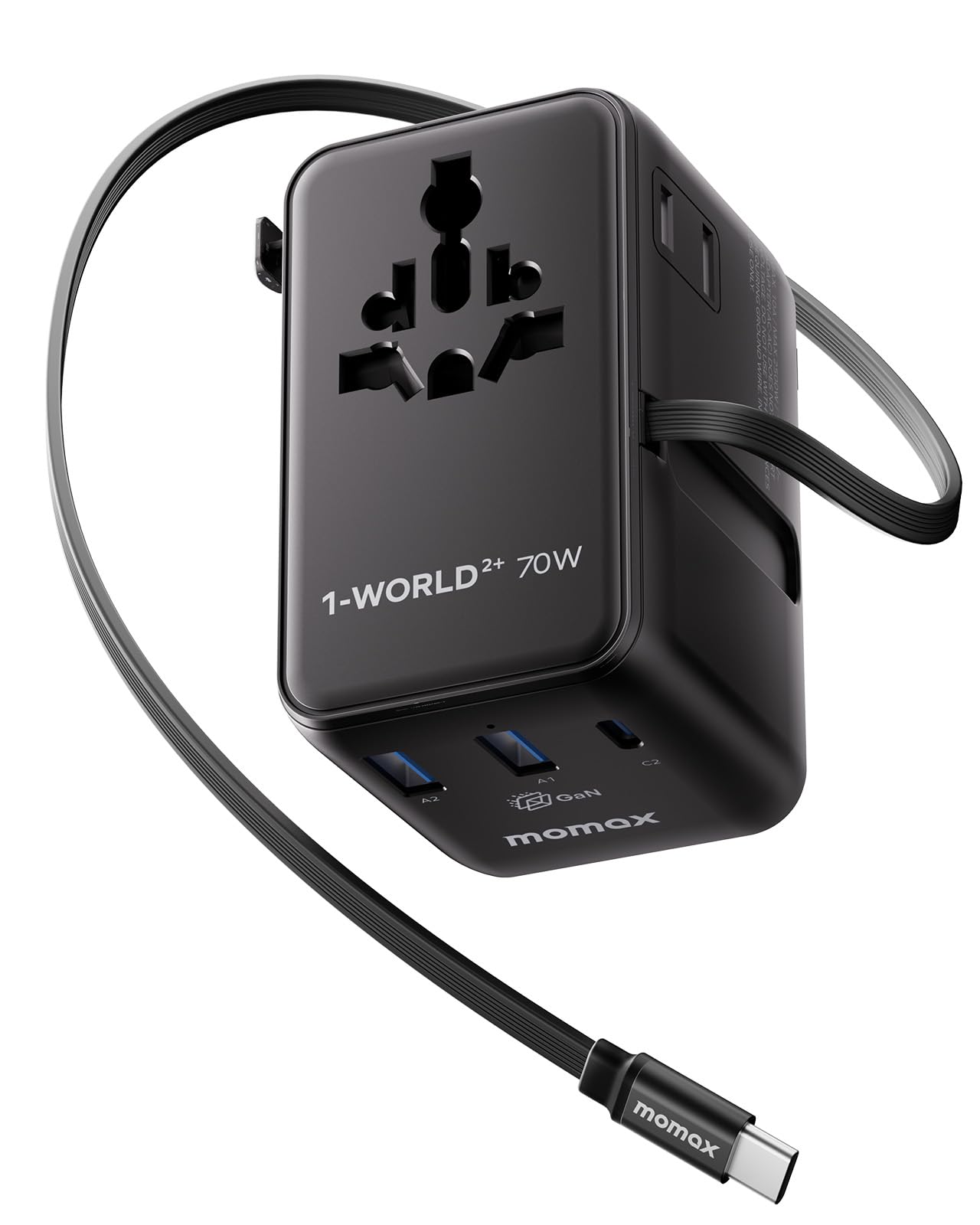 MOMAX Universal Travel Adapter with Cable, 100W GaN Travel Plug Adapter with UK/EU/AU/US Plugs, 2 USB-C PD & 1 USB-A QC International Adapter Charger, Adapter Plug for Laptops Tablets Phones — view 8