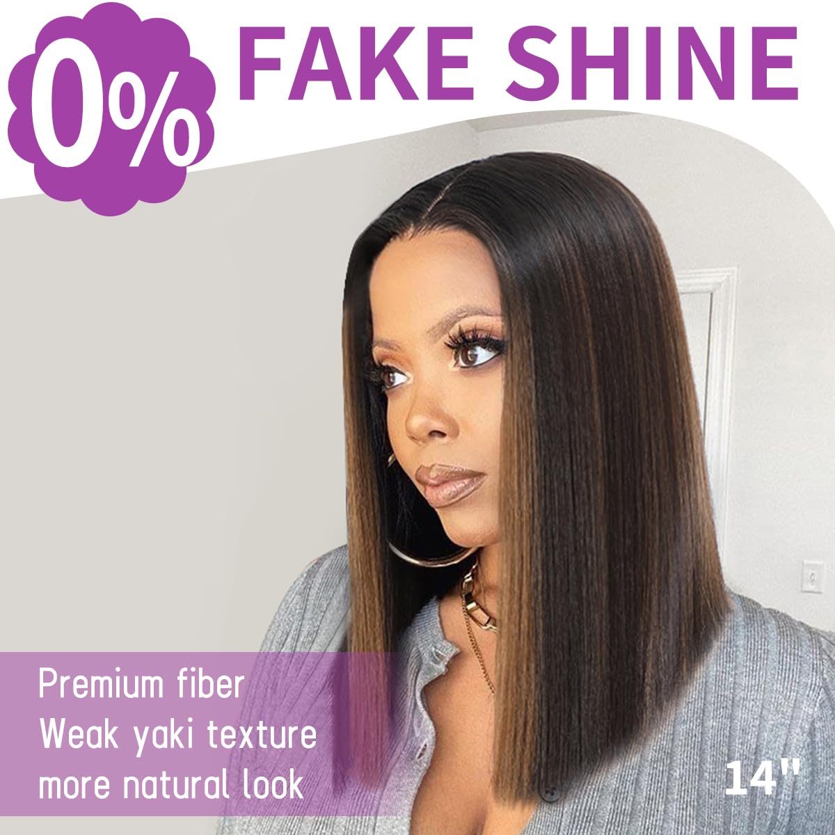 Honey Blonde Highlight Brown Bob Wig Synthetic Lace Front T part Straight Bob Wig Shoulder Length Chocolate Brown Short Bob Lace Front Wig for Women Daily Party Chiristmas(HL Brown-14 Inches)