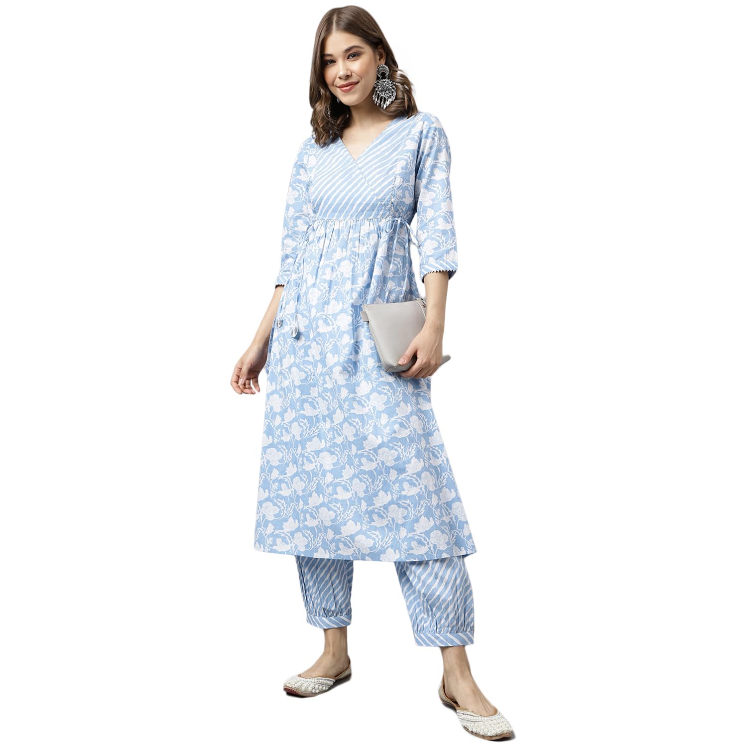 FIORRA Women's Blue Pure Cotton A-line Kurta with Pant