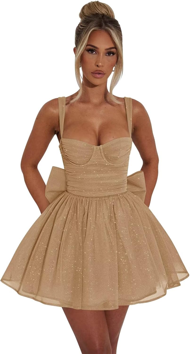 Smileven Sparkly Tulle Short Homecoming Dresses for Teens 2025 Mini Cocktail Party Gowns with Bow