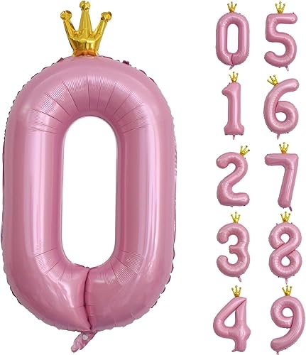 Globos rosa con corona de 40 pulgadas con número 0, globos de Mylar de color rosa claro gigantes para decoración de fiesta de cumpleaños, aniversario