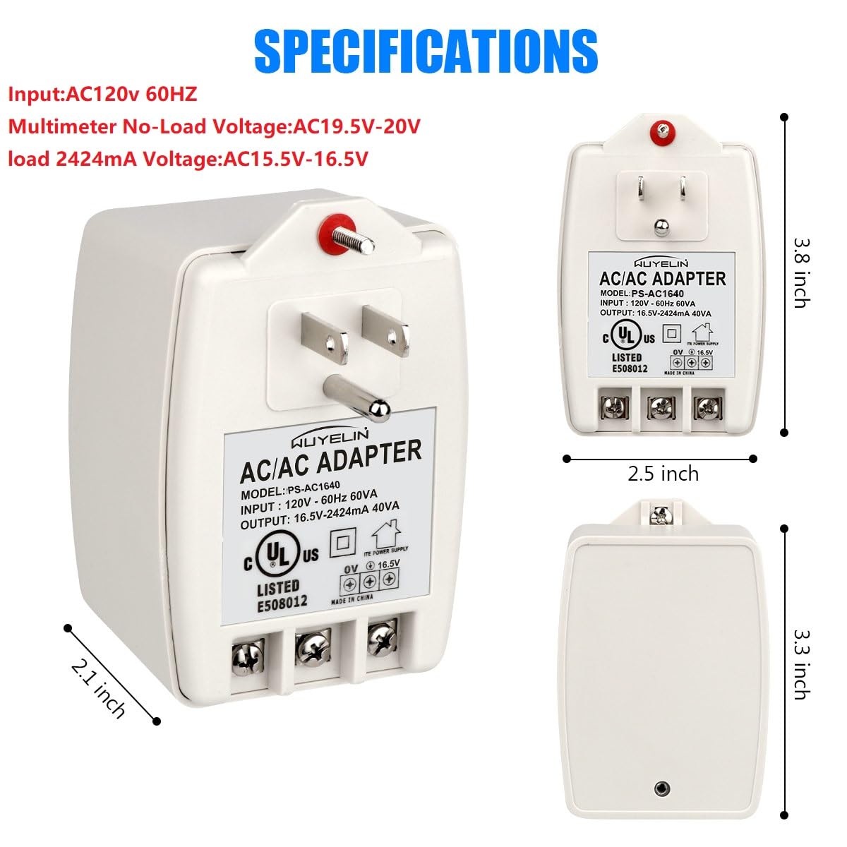 Sistemas de alarma antirrobo de 16,5 V y 40 VA y transformador de timbre, transformador de enchufe de 16,5 V compatible con todas las versiones de timbre, la mayoría de paneles de seguridad