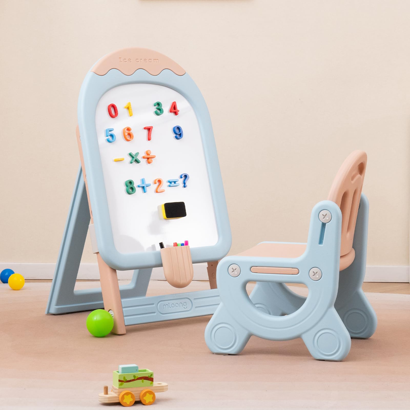 RELAX4LIFE Lavagnetta Cancellabile Bambini Pieghevole con Sedia, Altezza Regolabile, Cavalletto con Lavagna Bianca, Scatola Portaoggetti, Gomma e Pennarelli, Set da Disegno per Bambini 1+ Anni (Blu)