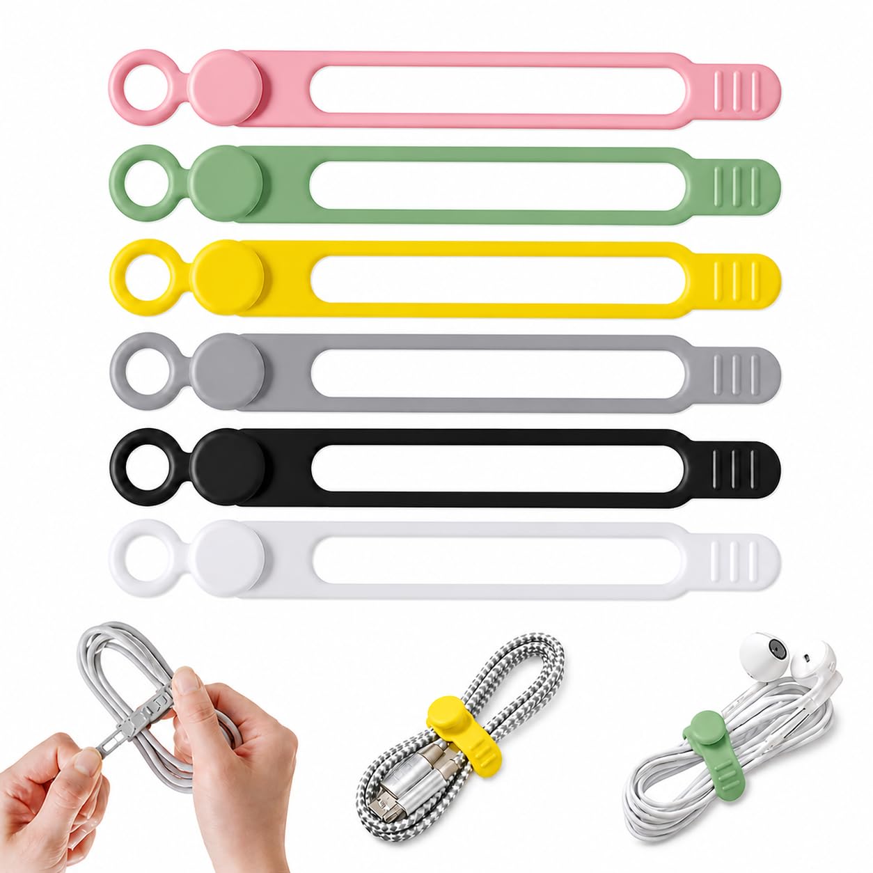 Silicone Cable Organiser Straps, Reusable Elastic Cable Ties for USB Cables, Phone Chargers, Earphones & Wires, Multi-Colour Cord Management Wraps for Home Office Travel (6 PCS)
