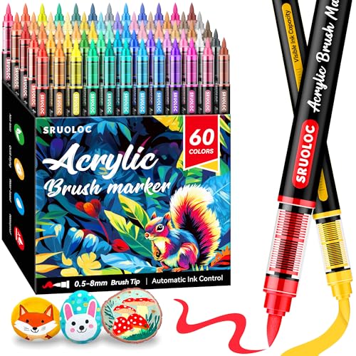 SRUOLOC 60 Colors Acrylic Paint Markers, Brush Tip Automatic Ink Control Acrylic Paint Pens for Rock Painting, Canvas, Wood, Ceramic, Glass, Stone, Fabric, DIY Crafts Textile & Art Supplies