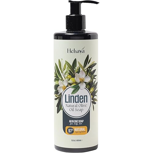Hekaya Natural Olive Oil Liquid Soap – Linden Scent | Handmade, Vegan, Sulfate & Paraben Free | Gentle Face, Hand & Body Wash | Moisturizing Castile Cleanser | 13.5 fl oz Pump Bottle