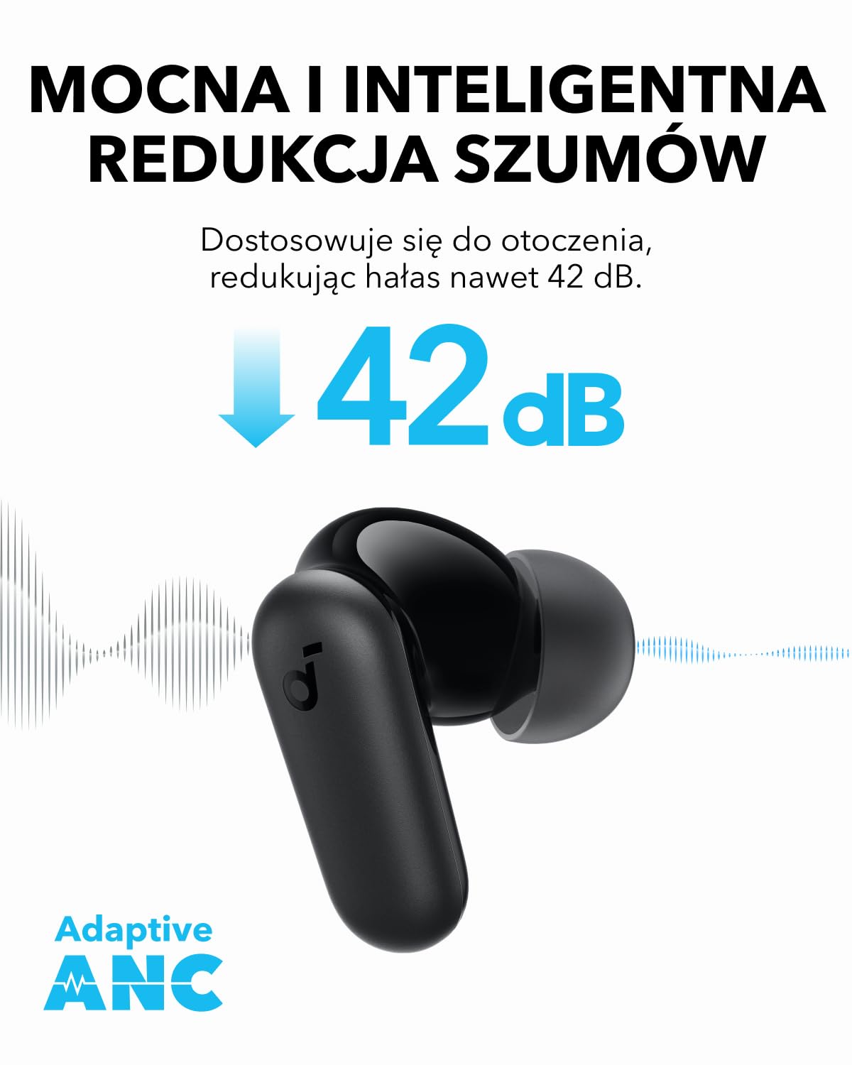 Soundcore Anker P30i bezprzewodowe słuchawki douszne z głośną i inteligentną redukcją szumów, potężny bas, 45 godzin odtwarzania, etui i uchwyt do smartfona 2 w 1, IP54, Bluetooth 5.4 (czarny)