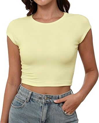 Dwnval Womens Cute Cap Sleeve Crewneck Crop Top Summer Tops | Womens Buttery Soft High Stretch For Everyday Summer Wear