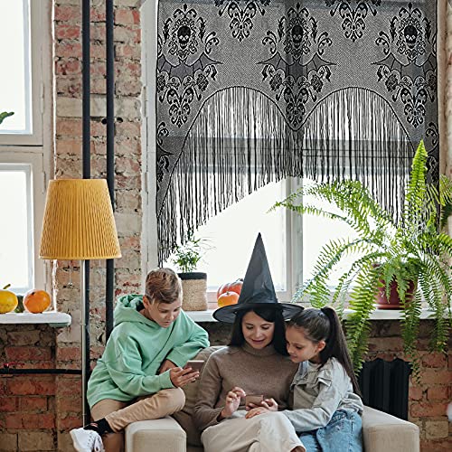 Zeedix 2 Pcs Halloween Lace Skull Window Curtain- Black Tassel Door Curtain For Halloween Home Party Decorations, Halloween Party Supplies #TOP4