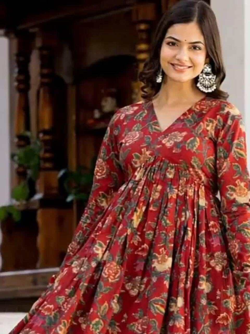 Women's Anarkali Kurta Set with Dupatta, Red Floral Print, Long Sleeve, V-Neck, Ethnic Indian Dress