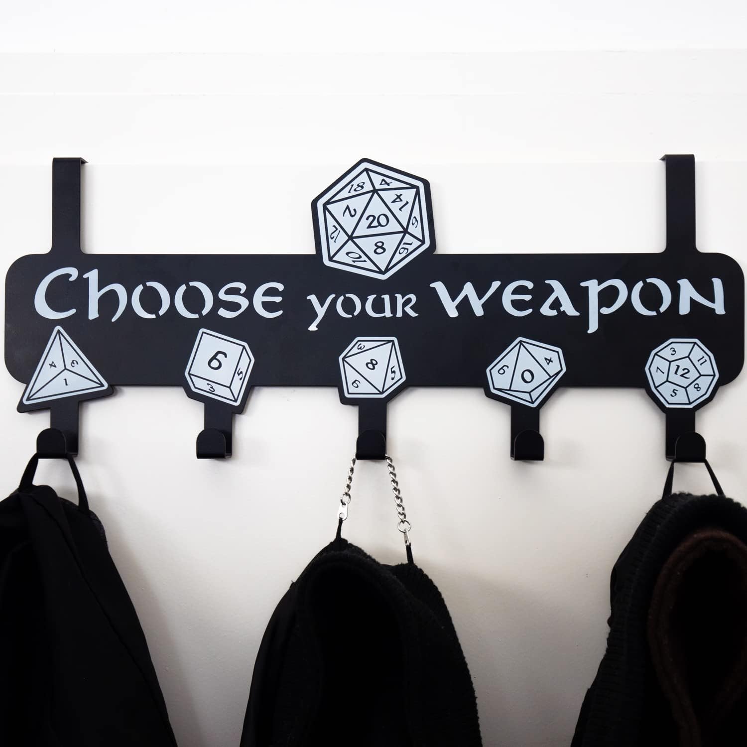 getDigital Door Coat Hanger Choose your weapon - Wall-Mounted Rack 5 Metal Hooks, Geeky Home and Office Decor RPG Dice Design - Stainless Steel, 15.3 x 5.2 in, Black