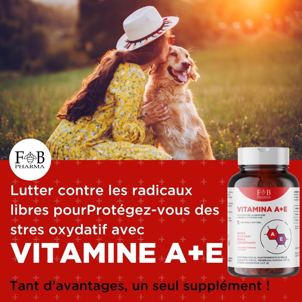 FB PHARMA - Complément alimentaire de VITAMINE A 1000mcg + VITAMINE E 47mg - 180 perles en SOFT GEL - pour le maintien de la VUE, de la PEAU et des CHEVEUX normaux