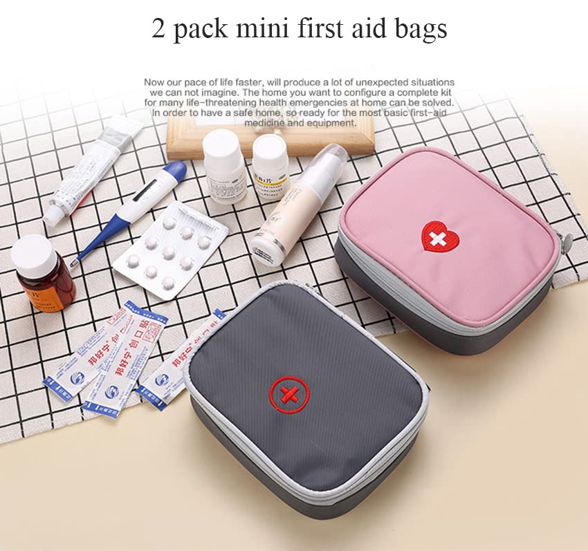 Image of Mini First Aid Kit 2 Pack Empty Medicine Bag Cute Storage Bag for Office Travel Vehicle Beach Emergency Zipper Pouch with Mesh Pockets Small Size Survival Medical Packet Fit for Handbag Purse