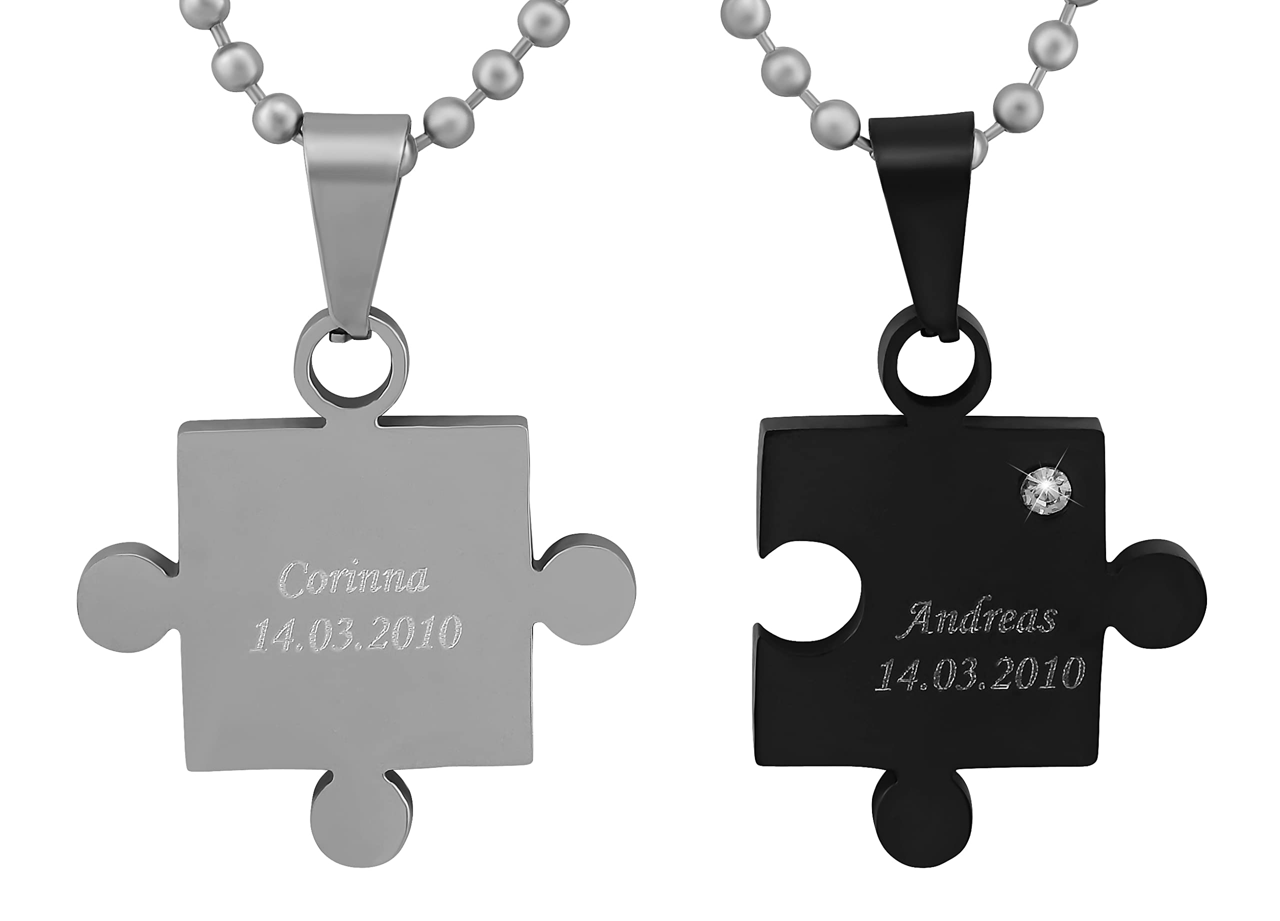 2 Stück Personalisierte Kette mit Gravur Edelstahl 60 cm mit Anhänger Herz Puzzle in silber schwarz - Personalisierte Geschenke für Damen Herren Freundin Freund - Partner Halskette Sie Ihn