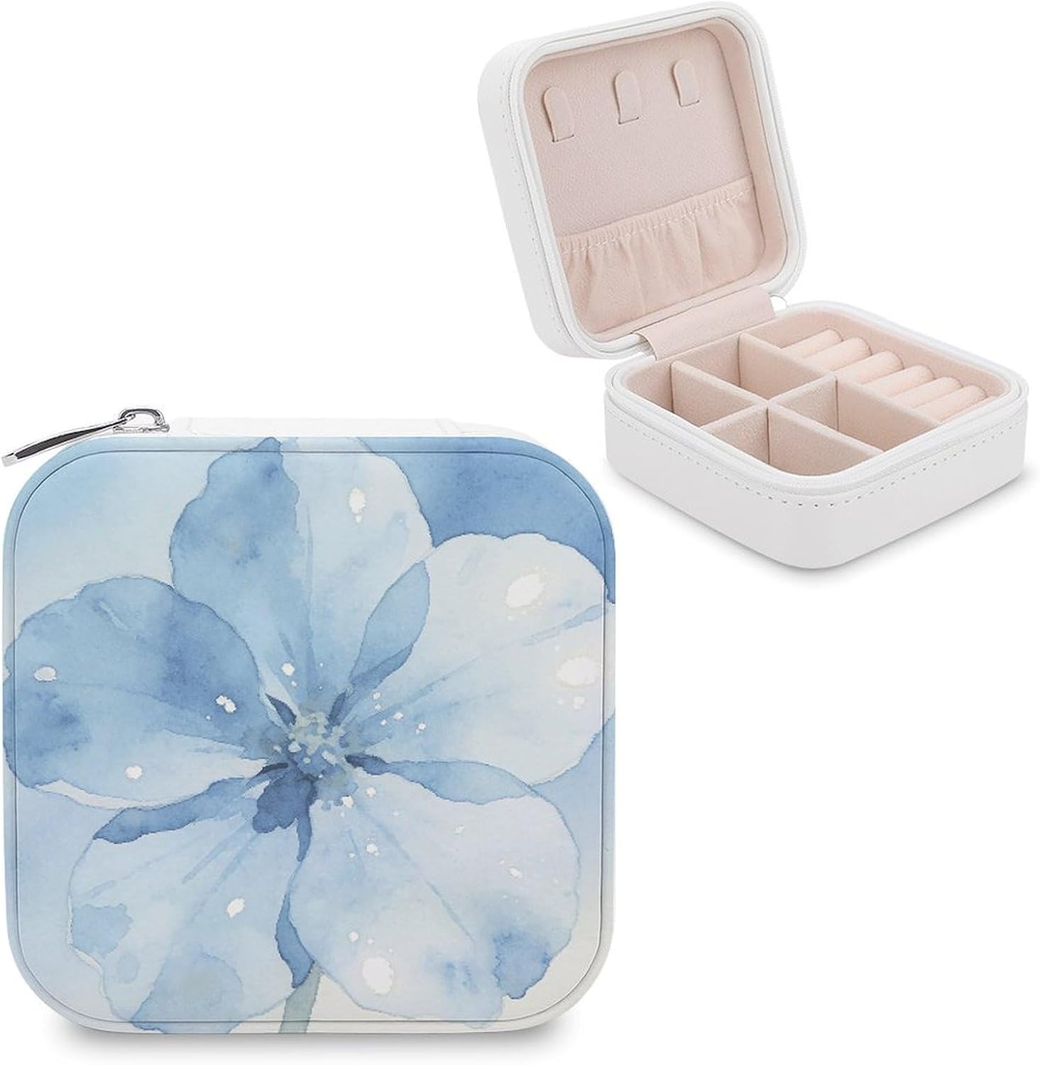 Light Blue Flower Jewelry Box with Zipper Exquisite Leather Jewelry Organizer Storage Case Portable Jewelry Storage Box Mini Travel Jewelry Case Trinket Organizer for Women