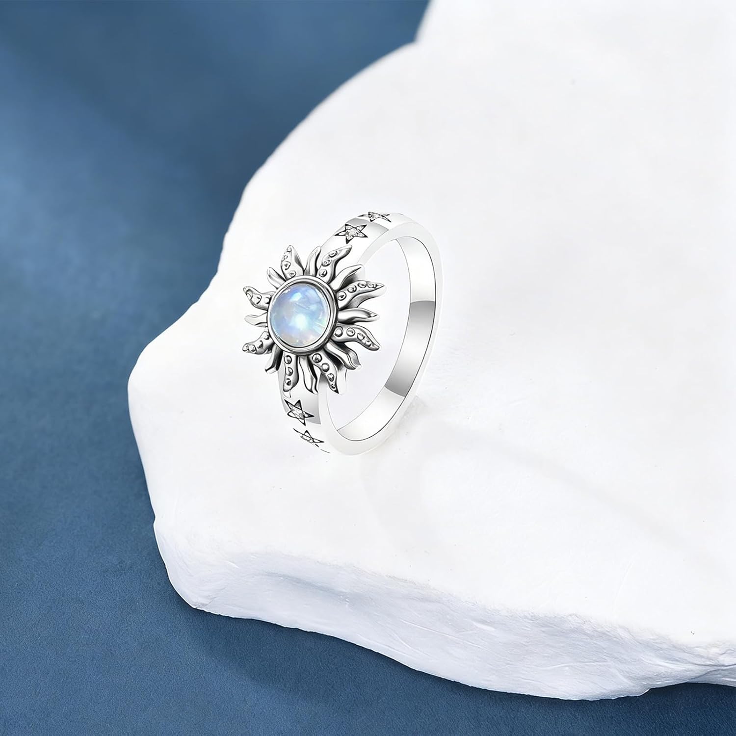 Sun Moonstone Ring for Women, 925 Sterling Silver Round Moonstone Statement Rings, Boho Jewelry for Anniversary Birthday Gift for Her Size 4-11