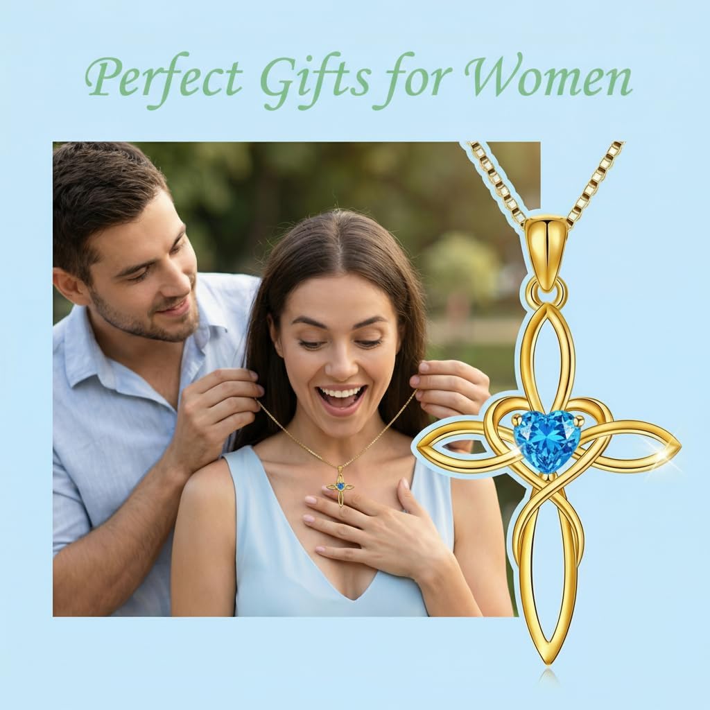 POIUY Celtic Knot Cross Necklace for Women 14K Gold Irish Infinity Love Heart Cross Jewelry with Birthstone Pendant Valentines Day Birthday Gifts for Her - Image 5